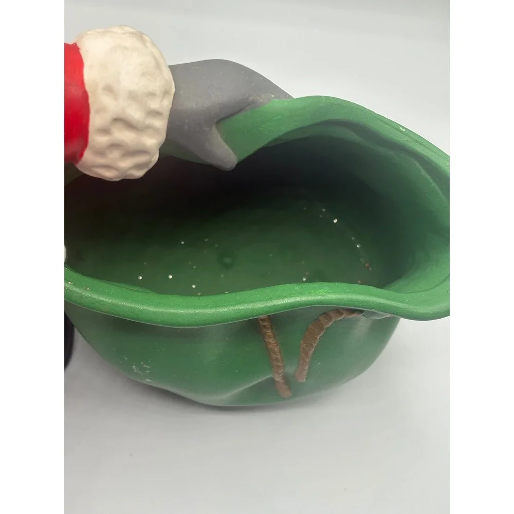 Vintage Ceramic Santa Claus Planter Figurine with Green Toy‎ Bag Candy Dish Red